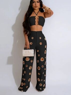Women'S Backless Halter Top with O-Ring Cutouts And Wide-Leg Pants
